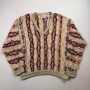 Vintage 90s Coogi 3d Knit Sweater Cotton Pink Maroon V Neck Cosby Size Small